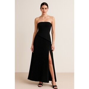 Commense Solid Pleated Strapless Split Dress Black‎ size M